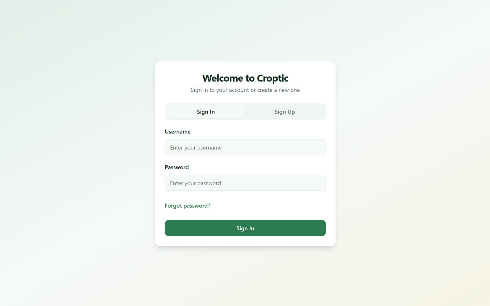 The Croptic sign-in screen, with the choice between signing in and registering